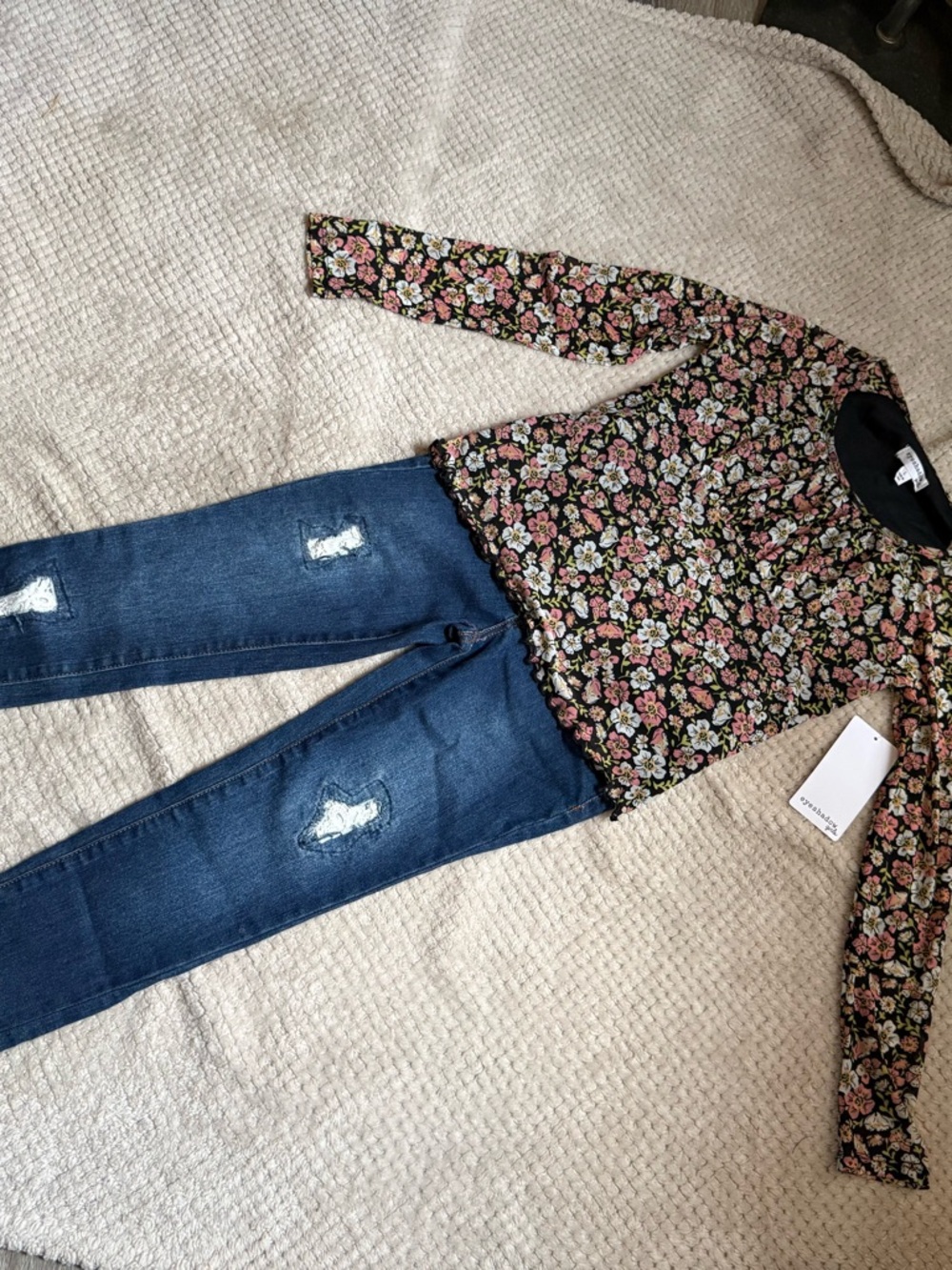 Eyeshadow Black Floral Long-Sleeve Top with Pink and Green Flowers and Jeans set